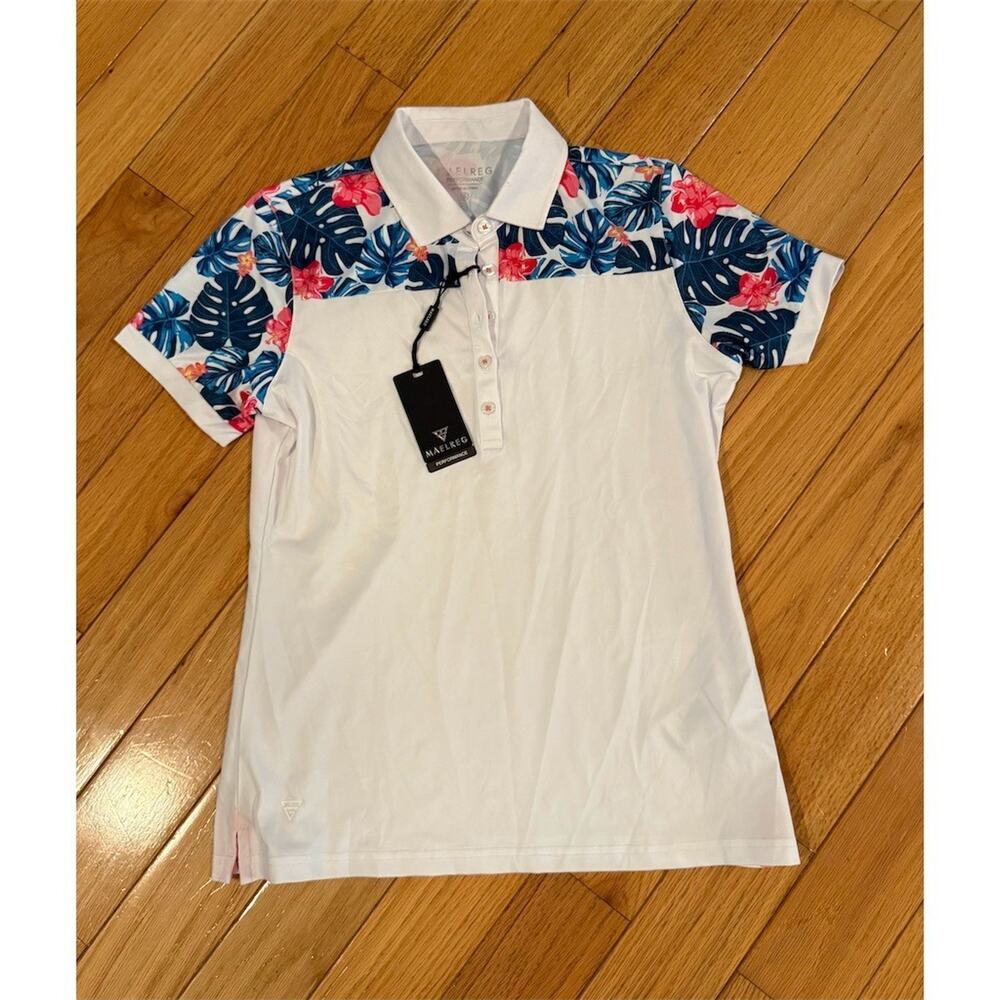 MAELREG Womens Golf Polo Shirt Size S White Tropical Floral Short Sleeve